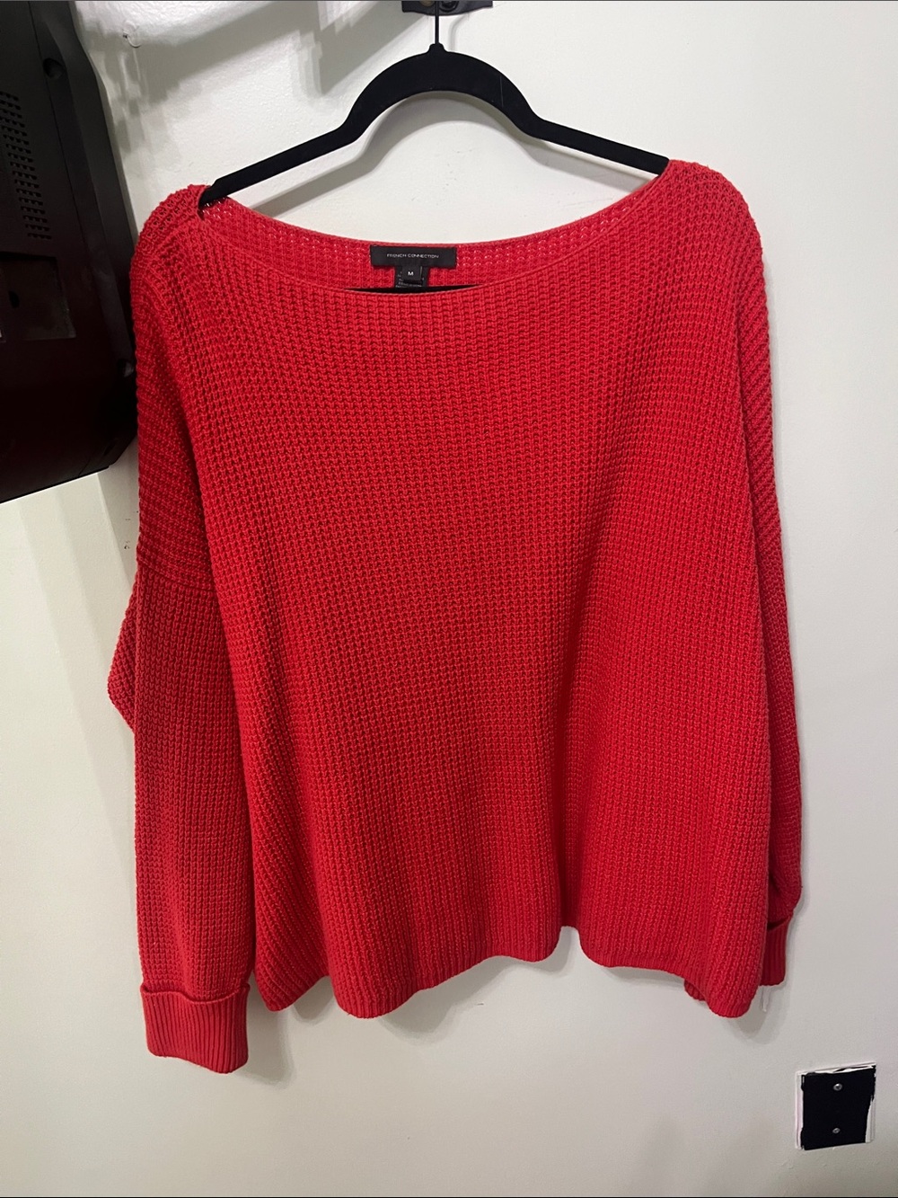 French Connection Bright Red Scoop-Neck Waffle Sweater